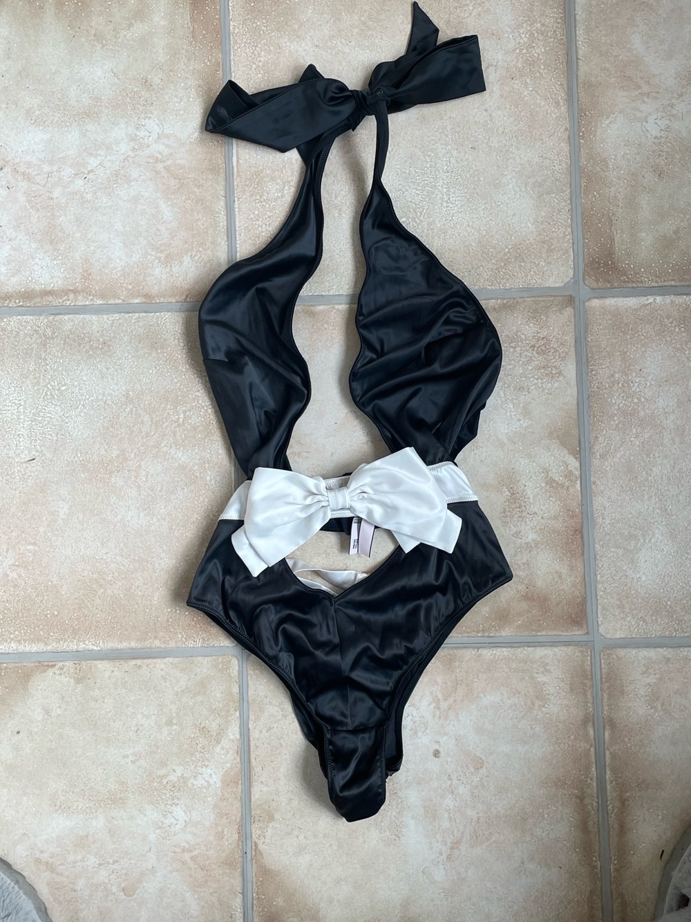 Victoria's Secret VERY SEXY Black / White Bow-Topped High-Neck Teddy Lingerie; S